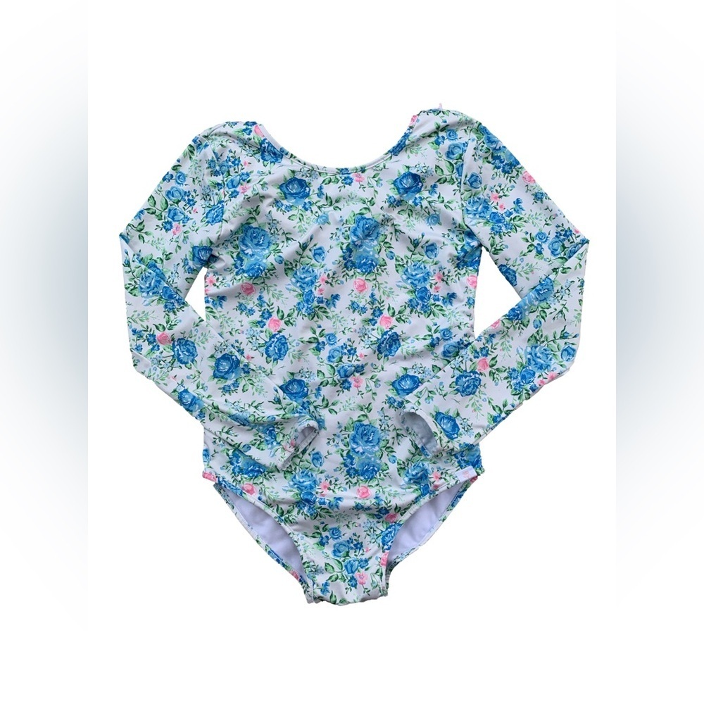 SweetHoney Size 12 Years White with Blue Flowers Ruffle Leotard